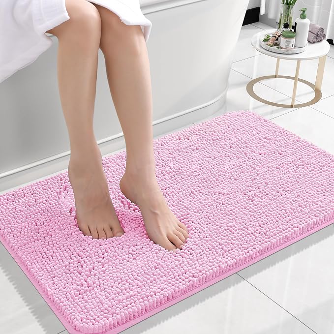 OLANLY Small Bathroom Rugs 24x16, Extra Soft Absorbent Chenille Bath Rugs, Rubber Backing Quick Dry, Machine Washable Bath Mats for Bathroom Floor, Tub and Shower, Home Decor Accessories, Pink
