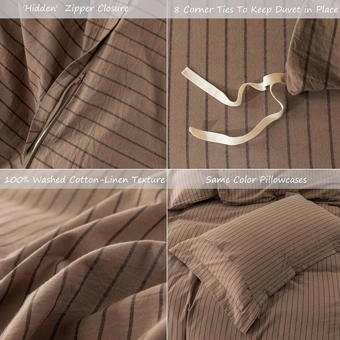 Stripe Duvet Cover Queen Size 90inch x 90inch,100% Washed Cotton Pinstripe Duvet Cover with Zipper Closure and 2 Pillowcases, Color of Light Brown-Black Stripe