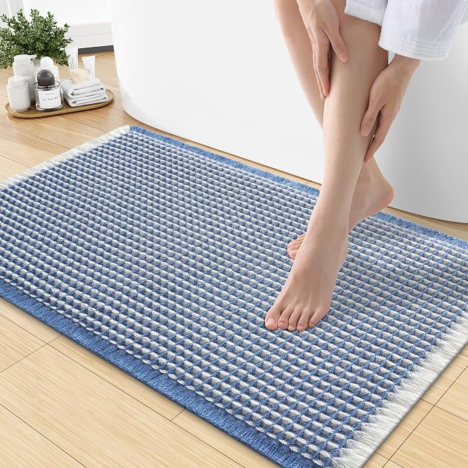 Smiry Waffle Bath Mat 30x18, Extra Soft Absorbent Bathroom Rugs, Non Slip Machine Washable Quick Dry Bath Rugs for Bathroom Floor, Tub, Shower, Home Decor Accessories, Blue & Cream