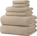 POLYTE 430 GSM Microfiber Quick Dry Lint Free Oversize Bath Towel Set, 6 Piece (Waffle Weave)