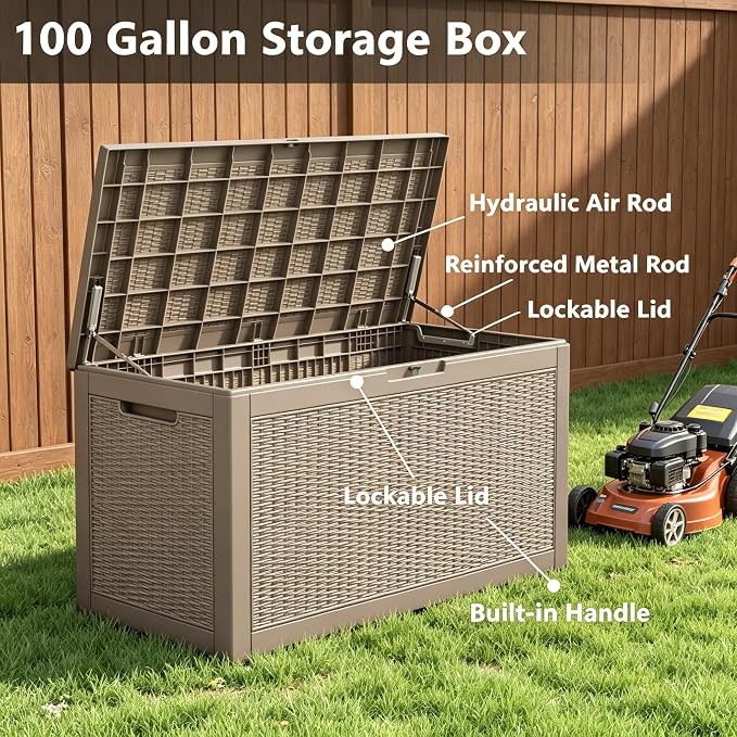 100 Gal Outdoor Storage Box Waterproof Lockable,Deck Box,Gas Lift,Grey | Waterproof Resin Deck Box, Lockable Gas Lift Outdoor Storage for Patio Cushions, Garden Tools, Pool Supplies