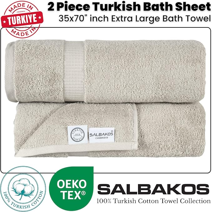 SALBAKOS 2-Piece 100% Turkish Cotton Bath Towels Extra Large 35x70, Stone | Oversized Bath Sheet Towel for Bathroom & Beach, Thick, Super Soft, Highly Absorbent, Premium Hotel Quality, Made in Turkey