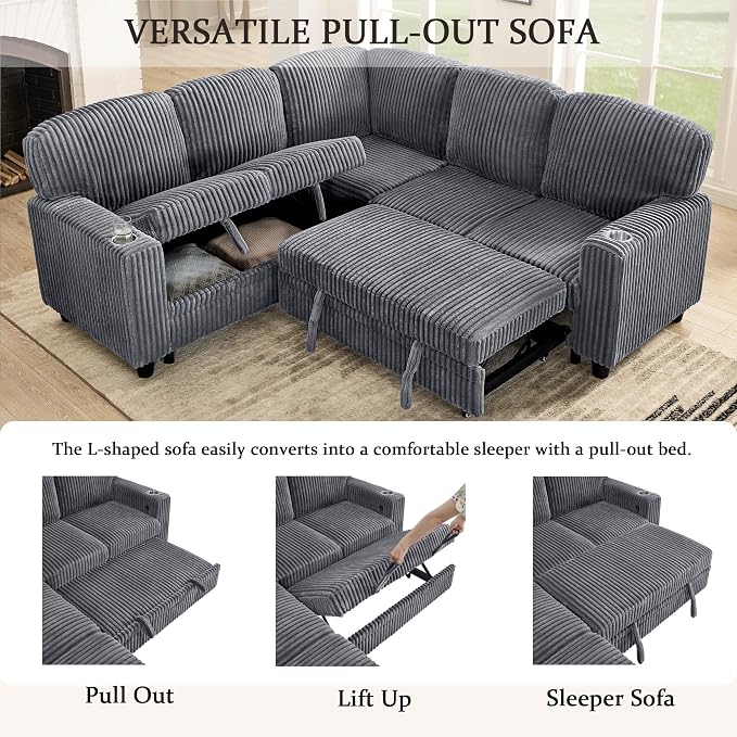L-Shaped Sectional Sleeper Sofa with Pull Out Bed, Dark Grey | Plush Corduroy Modular Couch with Storage, USB Charging, Cup Holders – Cozy Cloud Couches for Living Room, Easy Assembly