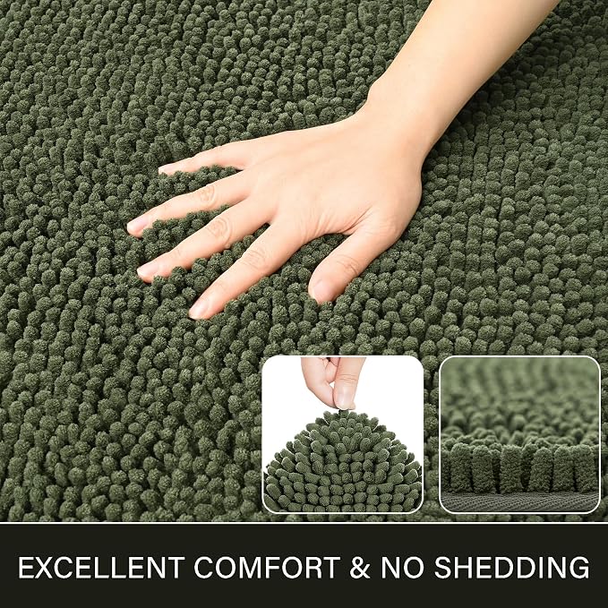 LOCHAS Luxury Bathroom Rug Shaggy Bath Mat 24 x 48 Inch, Olive Green | Washable Non Slip Bath Rugs for Bathroom Shower, Soft Plush Chenille Absorbent Carpets