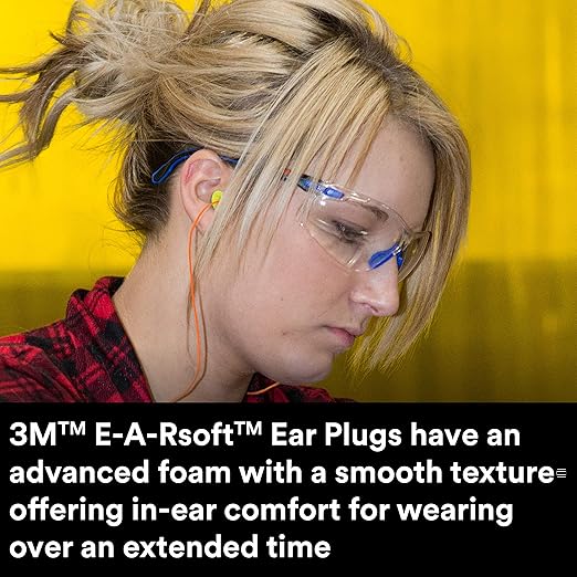 3M Ear Plugs, 200 Pairs/Box, E-A-Rsoft FX 312-1260, Corded, Disposable Foam Earplugs, Noise Reduction Rating NRR 33, Drilling, Grinding, Machining, Sawing, Sanding, Welding, 1 Pair per Poly Bag
