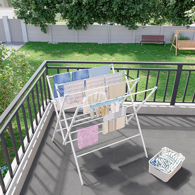 HOMIDEC Drying Rack Clothing,Large 12 Drying Poles with Sock Clips Clothes Drying Rack,Foldable Portable Laundry Drying Rack for Air Drying Clothing,Towels,Delicate Eac,Indoor Outdoor Use.White&Blue