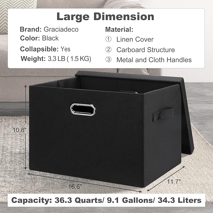 Graciadeco Large 17" 36 Quart Collapsible Stackable Storage Bins with Lids, 1 Pack Black Foldable Fabric Closet Storage Boxes with Lids, 4 Handles Heavy-duty Linen Cube Baskets for Bedroom