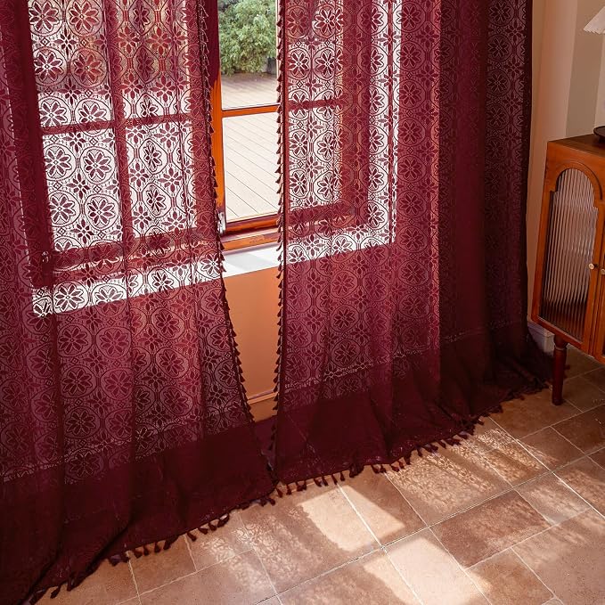 Sutuo Home Burgundy Boho Sheer Curtains 84 inches Long 2 Panels for Bedroom | Red Lace Curtains Cottage Light Filtering Bohemian Farmhouse Vintage Crochet Tassels Victorian Floral Decor Rod Pocket, 50" W