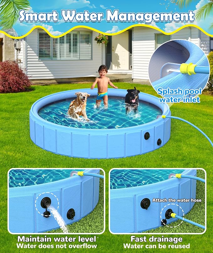 EPN Large Foldable Dog Pool – 0.55MM PVC 2-in-1 Portable Bathtub & Sprinkler for Dogs, Cats, Kids – Heavy Duty, Non-Slip, Summer Water Toy (106 in)