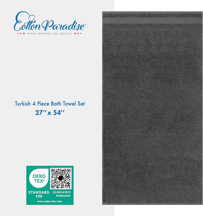 Cotton Paradise Turkish Towel Set, Soft Absorbent Quick Dry, 4 Piece Bath Towel Set, Dark Gray