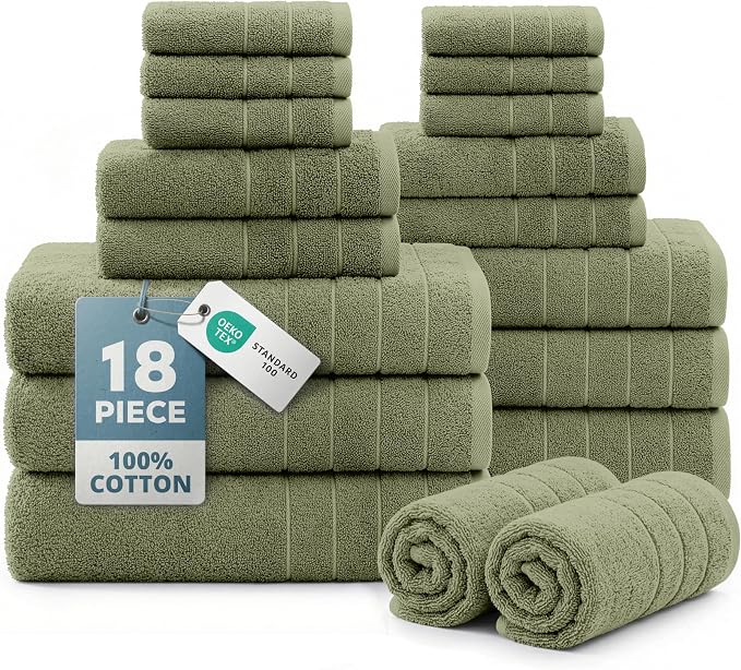 Casa Platino Towel Set for Bathroom 18 Piece Soft Absorbent - Oil Green | Shower Towels - Oversized & Roomy, Lightweight & Breathable, Fade-Resistant Color, Classic Terry Weave, Densely Woven