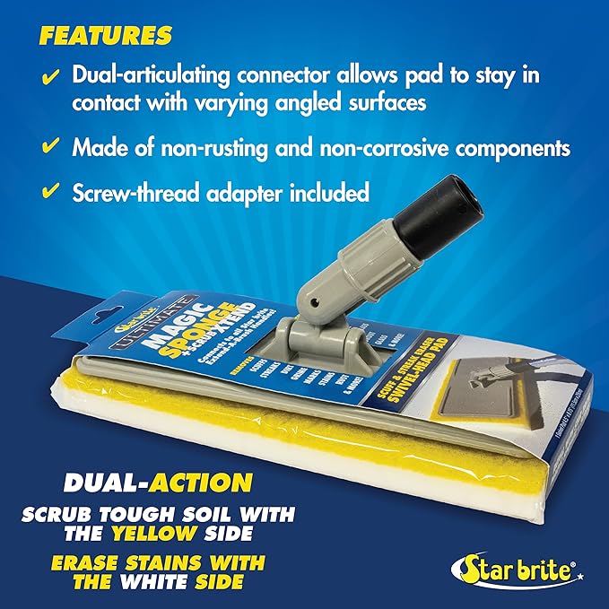STAR BRITE Ultimate Magic Sponge + Scrub XTEND - Dual Articulating Flex Head, Ideal for Pool, Spa, RV, Boat, and Home, Connects to Extend-A-Brush Handles (041010)