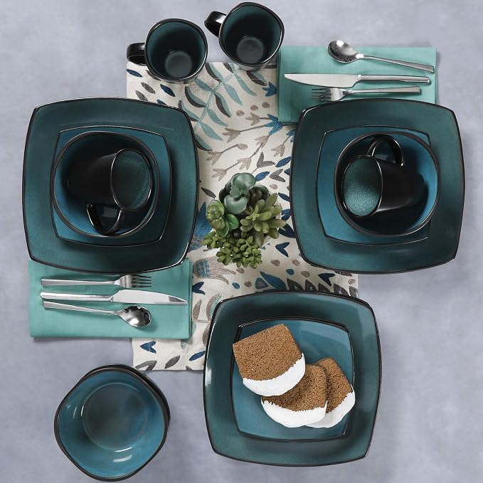 Gibson Elite Soho Lounge 16-Piece Reactive Glaze Dinnerware Set – Teal and Black Tutone Stoneware Plates and Bowls