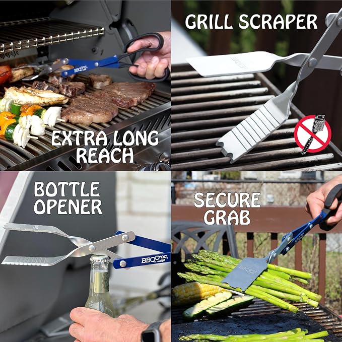 3 in 1 Barbecue Tool 18-inch by BBQ Croc - Light and Long Tongs, Spatula and Grill Scraper (Blue) (18 inch Without Flashlight)