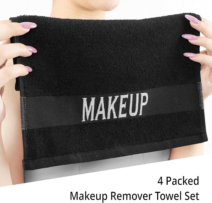 Cotton Paradise 100% Cotton Turkish Towel Set, Soft Absorbent Quick Dry, 4 Piece Makeup Towel Set, Coal Black