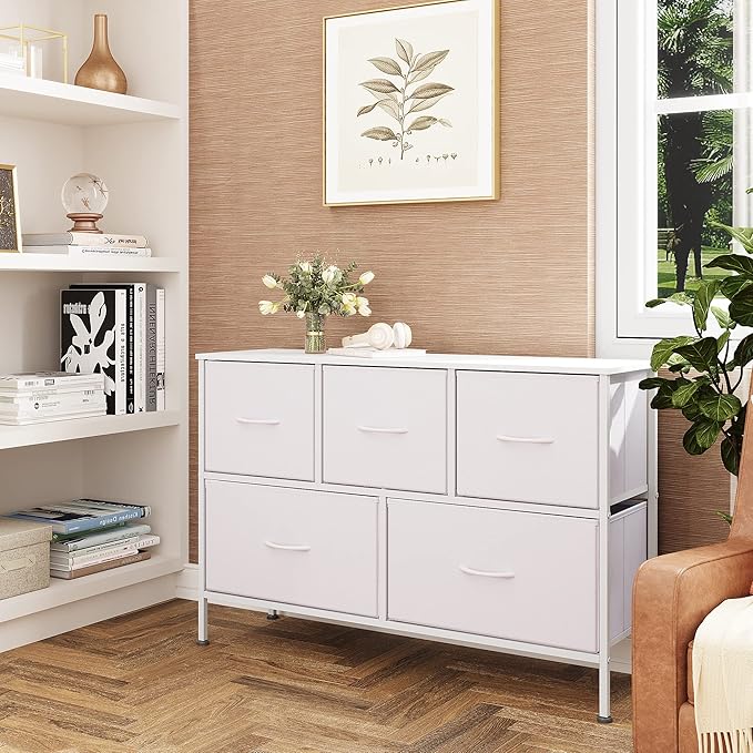 WLIVE 5 Drawer Dresser for Bedroom, Wide Chest of Drawers, White | 5 roomy fabric drawers, Wide low-profile design, Bedroom or closet use, Sturdy steel frame, Smooth wood tabletop