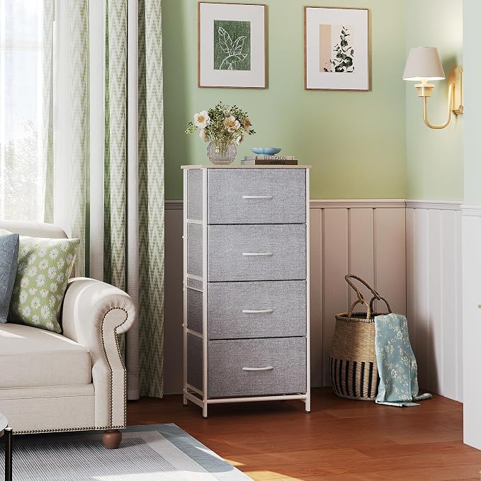 WLIVE Small Dresser Nightstand for Bedroom, 4 Drawers, Light Grey | 4 vertical fabric drawers, Space-saving tower, Bedroom or closet use, Chest of drawers, Dresser for small spaces