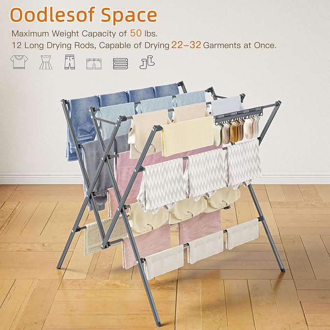 HOMIDEC Drying Rack Clothing,Large 12 Drying Poles with Sock Clips Clothes Drying Rack,Foldable Portable Laundry Drying Rack for Air Drying Clothing,Towels,Delicate Eac,Indoor Outdoor Use.Silver