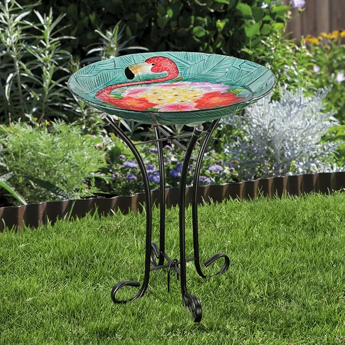 Teamson Home 17.8 in. Fusion Glass Birdbath, Multi | Bird Design, Tropical Flamingo Design, Foldable Metal Stand, Ground Hook