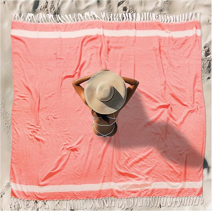 Vikumond Turkish Beach Towel Blanket Oversized 88x82 Inch Quick Dry Coral | Lightweight Compact Portable Sand Free Absorbent Boho Woven Throw for Pool Swimming Picnic Camping Cruise Outdoor Essentials