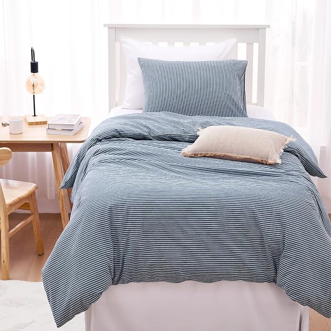 Wake In Cloud - Striped Cotton Duvet Cover Set, 100% Washed Cotton Textured Bedding Set, Ticking Stripe Pinstripe Farmhouse, 3 Pieces, Denim Blue, Twin/Twin XL Size