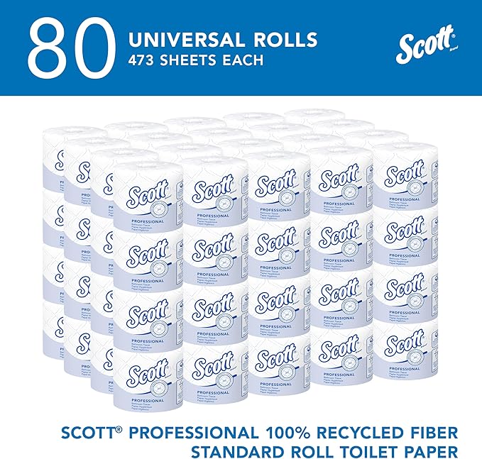 Scott Professional 100% Recycled Fiber Standard Roll Bulk Toilet Paper (13217), 2-Ply, Elevated Design, White, Individually Wrapped (80 Rolls of 473 Sheets, 37,840 Sheet Total)