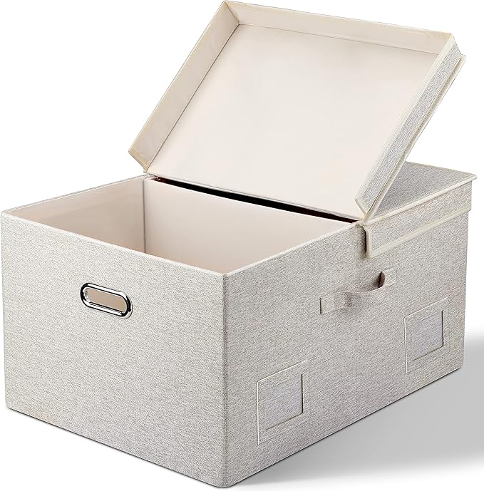 Graciadeco 75 Quart Extra Large Decorative Collapsible Storage Bins with Lids, 1 Pack Beige Stackable Boxes