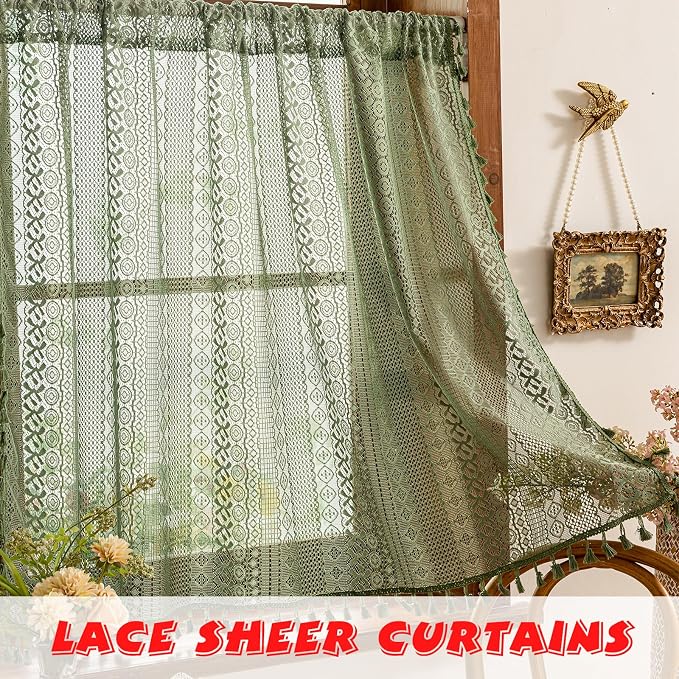 Sutuo Home Olive Green Boho Sheer Curtains, Cottagecore Lace Curtains for Nursery Kitchen Privacy Crochet Light Filtering Vintage Chic Tassels Bohemian Window Drape Rod Pocket, 2 Panels 50" W x 54" L