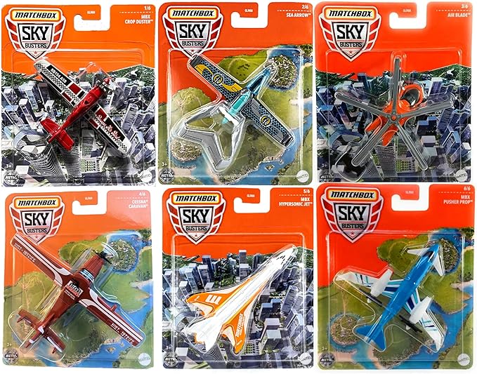 Matchbox Sky Busters Die-Cast Aircraft Bundle, 6-Pack, Air Blade, Sea Arrow, Hypersonic Jet, Crop Duster, Cessna Caravan, Pusher Prop GLR68-956M