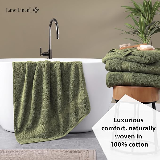 LANE LINEN Bath Towel Set 100% Cotton 4 Piece Soft Absorbent - Oil Green | Shower Towels - Generously Sized, Oversized & Roomy, Lightweight & Breathable, Fade-Resistant Color, Classic Terry Weave