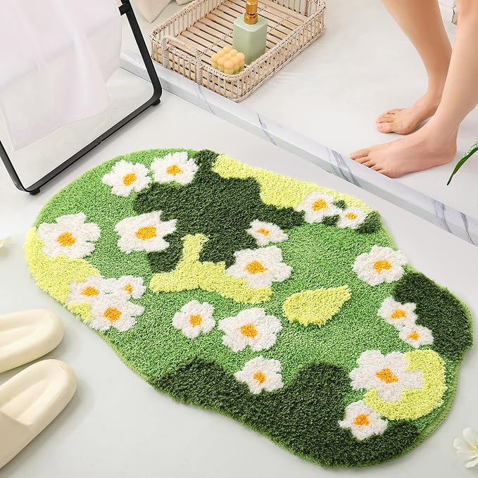 YIKUSH Bathroom Rugs for Living Room Green Moss Rug Cute Bath Mat with Small Flower Non Slip Bath Mats for Bathroom Floral Washable Rug (32x20 inches)