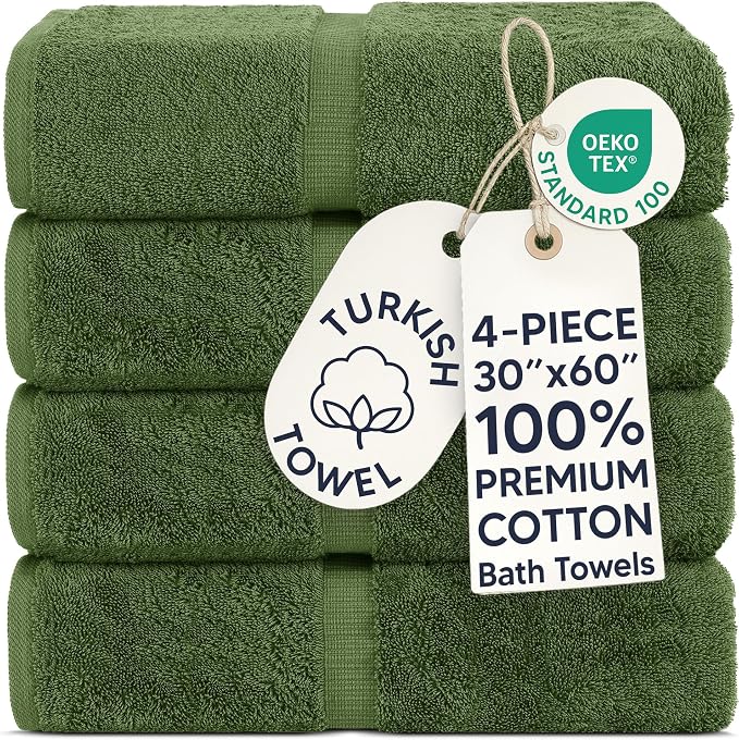 Chakir Turkish Linens 2 Piece Large Bath Towels, 100% Cotton Turkish Towels for Bathroom, Luxury Soft Absorbent Bath Towels, 30 x 60 Inches, Moss