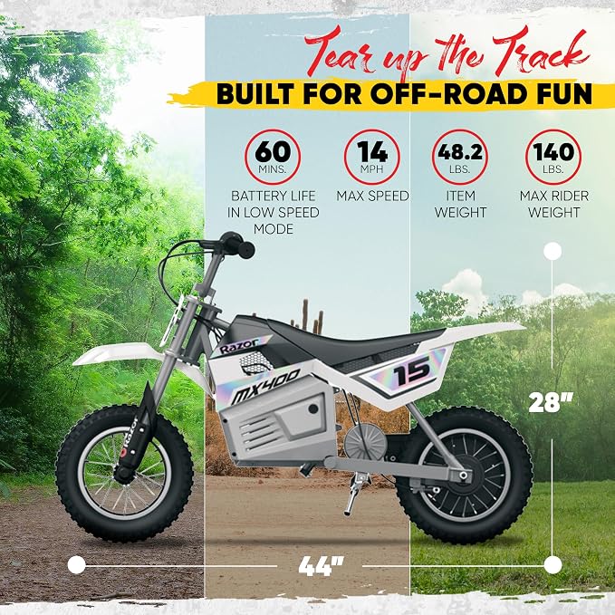 Razor MX400 Dirt Rocket Electric Bike for Kids Ages 8+, 140 lb Max Weight, White – 24V Battery, Up to 14 Mph, 30-Min Ride Time on High Speed, Twist-Grip Throttle, Spoked Wheels w/ 12” Pneumatic Tires