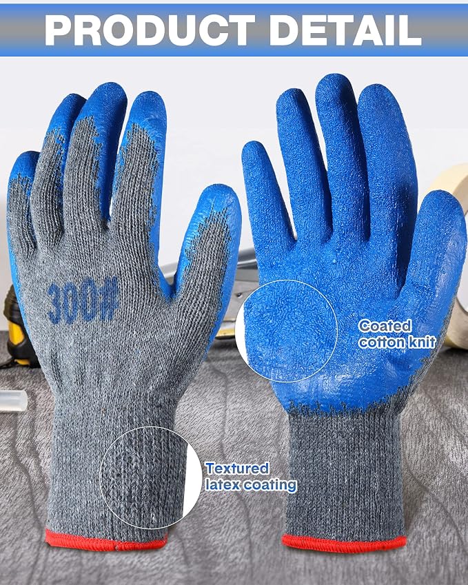 Haysandy 36 Pairs Rubber Work Gloves Latex Double Coated Safety Grip Work Gloves Bulk for Construction Gardening Landscaping for Men