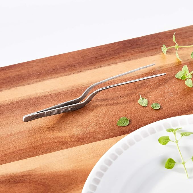 Mercer Culinary 18-8 Stainless Steel Chef Plating Tongs, Offset Tip, 7-7/8 Inch