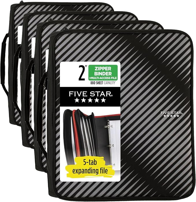 Five Star Zipper Binder, 2 Inch 3-Ring Binder with Round Rings, 5-Tab Expanding File, 380 Sheet Capacity, Black (72536) (Pack of 4)