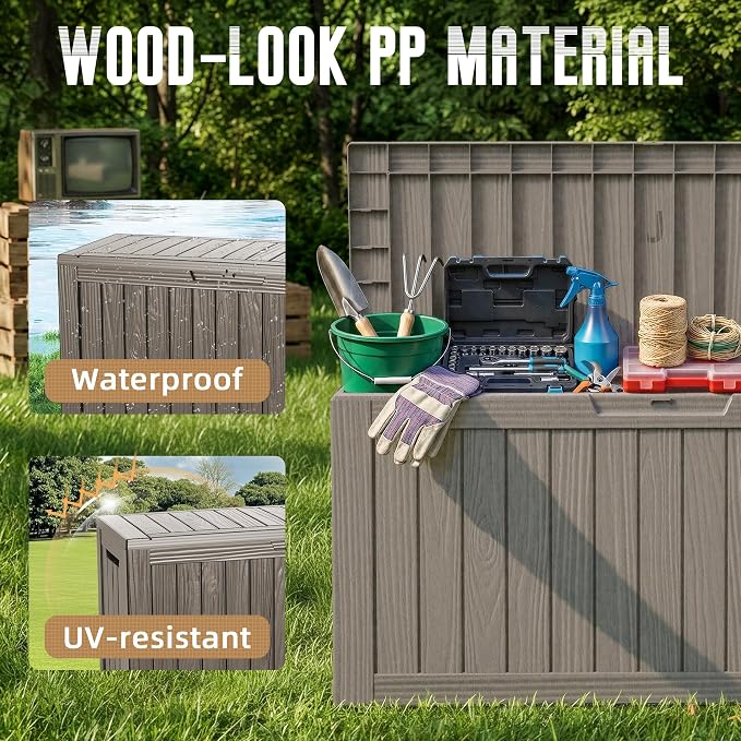DRATO 100 Gallon Deck Boxes Outdoor Waterproof Storage Box with Wheels | Lockable Weatherproof Resin Outside Patio Storage Box for Backyard Furniture Pool Supplies Garden Tools, Grey