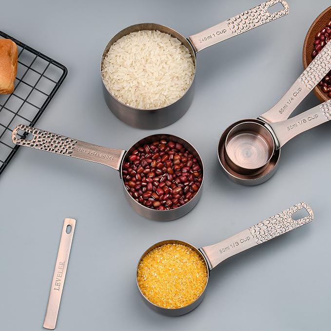 Copper Measuring Cups and Spoons set, Stainless Steel Measuring Cups and Spoons set for Baking & Kitchen, Metric & US 5 Copper Measure Cup and 6 Measure Spoons and 1 Ingredient Leveler