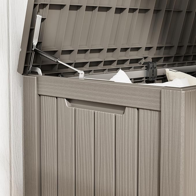 150 Gal Deck Box,Outdoor Storage Box Waterproof Lockable,Gas Lift,Grey | Large Resin Deck Box, UV-resistant all-weather, lockable storage for patio furniture, garden tools, pool accessories, black
