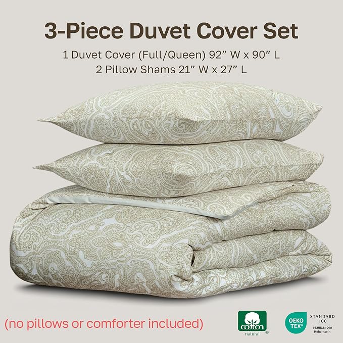 California Design Den Full/Queen Size Duvet Cover Set, 400 Thread Count 100% Cotton, Sateen Comforter Cover & 2 Pillow Shams Bedding Queen Size Set, Button Closure, Corner Ties (Paisley Beige)