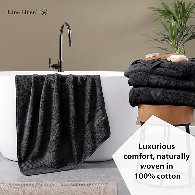 LANE LINEN Bath Towel Set Absorbent Quick Dry 100% Cotton 4 Piece - Black | Towel Sets For College Dorm - OEKO-TEX Certified, Ring-Spun Durability, Ring-Spun Cotton, Terry Weave Comfort, Densely Woven