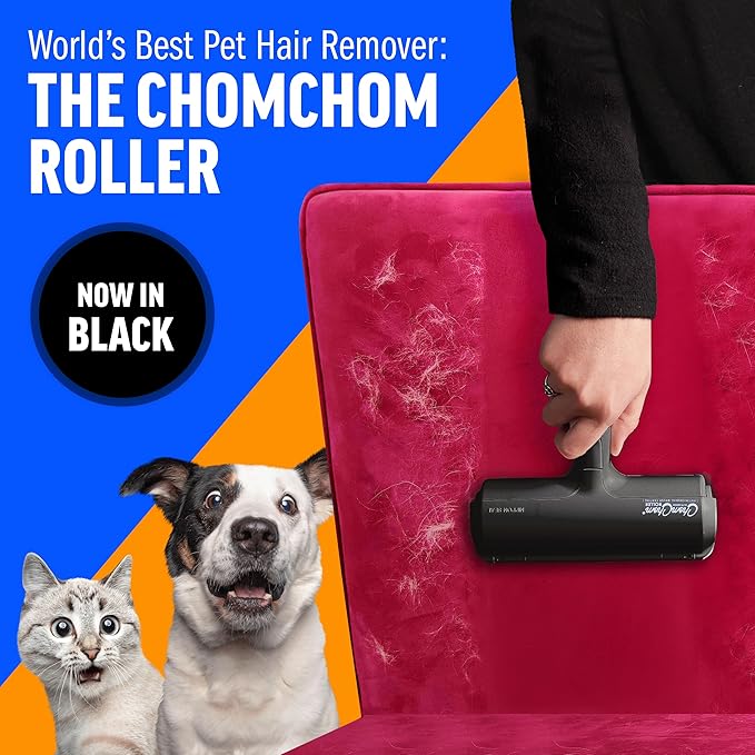 Chom Chom Roller Pet Hair Remover and Reusable Lint Roller, Black ChomChom Roller + Mini Roller, Cat and Dog Fur Hair Remover for Furniture, Couch, Carpet, Clothing and Bedding, Portable for Travel