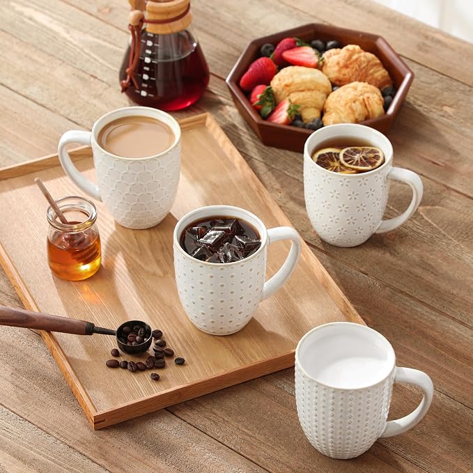 MALACASA LYDIA 16 Oz Coffee Mugs Set of 4, Ceramic Embossed Cups | For Coffee, Latte, Cappuccino, Tea, Dishwasher, Microwave Safe, Lead-Free Ceramic, Comfortable Handle, Gift Set