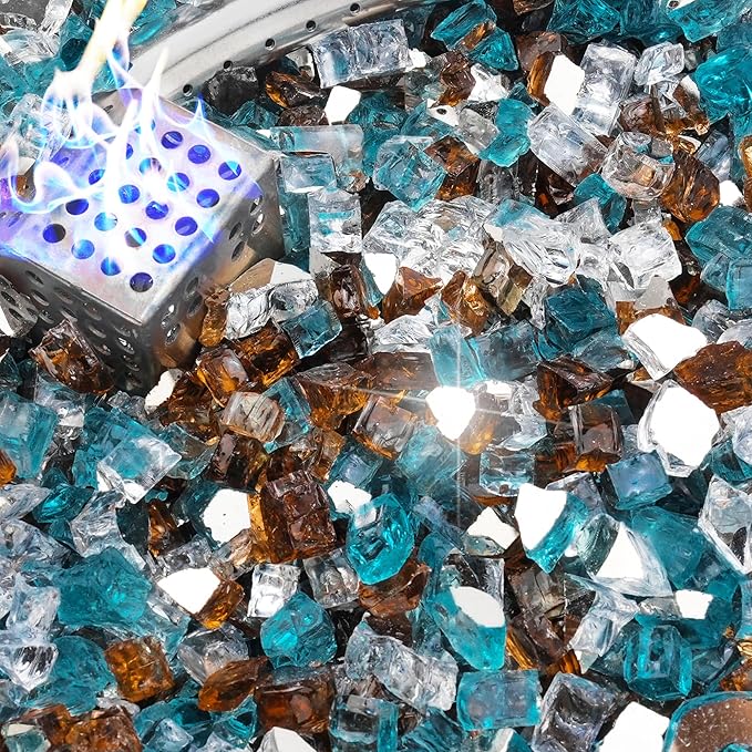 NUPICK 10 Pound Fire Glass, 1/2 Inch Reflective Fire Pit Glass | Fire Pit Rocks for Propane or Natural Gas, Glass Rocks for Fire Pit Table, Fireplace, Aqua Blue & Copper & Platinum Mix