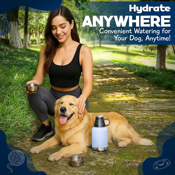 Portable Dog Water Bottle with 2 Removable Water Bowls for Dogs – Leak-Proof Insulated Stainless Steel Dog Water Bottle – Travel Accessories for Dogs - 32oz - Lavender