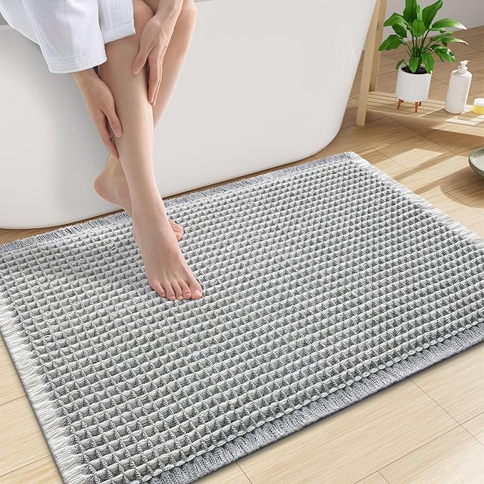 Smiry Waffle Bath Mat 30x20, Extra Soft Absorbent Bathroom Rugs, Non Slip Machine Washable Quick Dry Bath Rugs for Bathroom Floor, Tub, Shower, Home Decor Accessories, Lightgrey & Cream