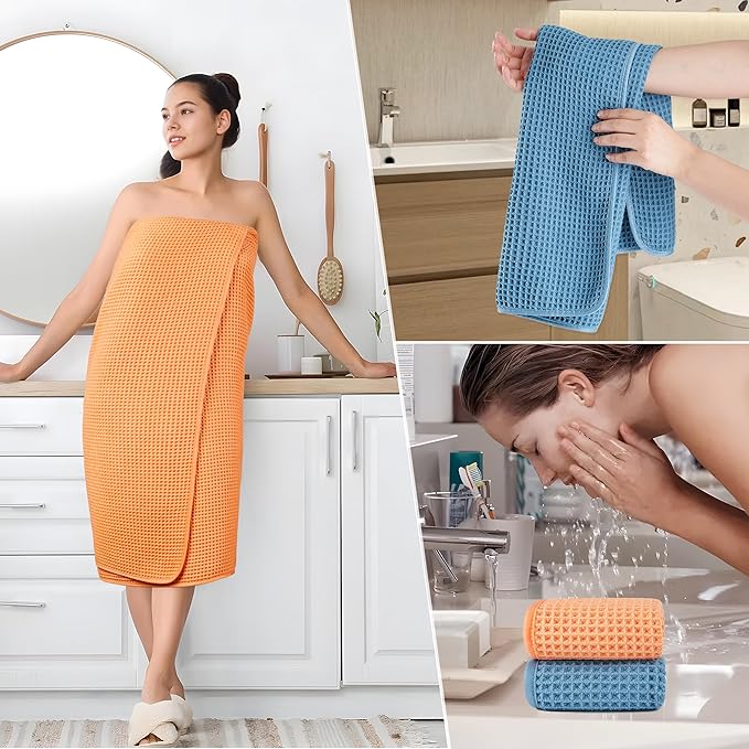 POLYTE 430 GSM Microfiber Quick Dry Lint Free Oversize Bath Towel Set, 6 Piece (Waffle Weave)