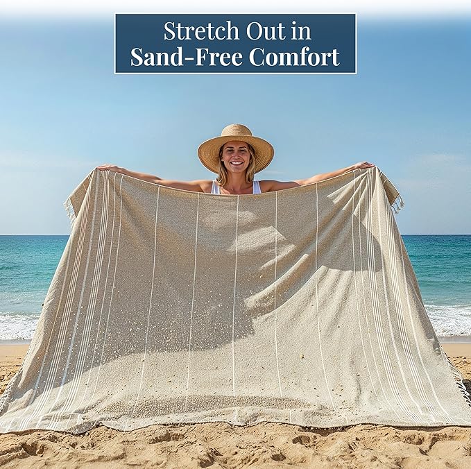 LANE LINEN Beach Blanket Sand Free, Quick Dry & Turkish Beach Towel - Beige | Extra Large Beach Blanket, 82"x82" - Seats A Family Of 4 With Room To Spare - Roomy Family Size, Soft, Packable, Portable