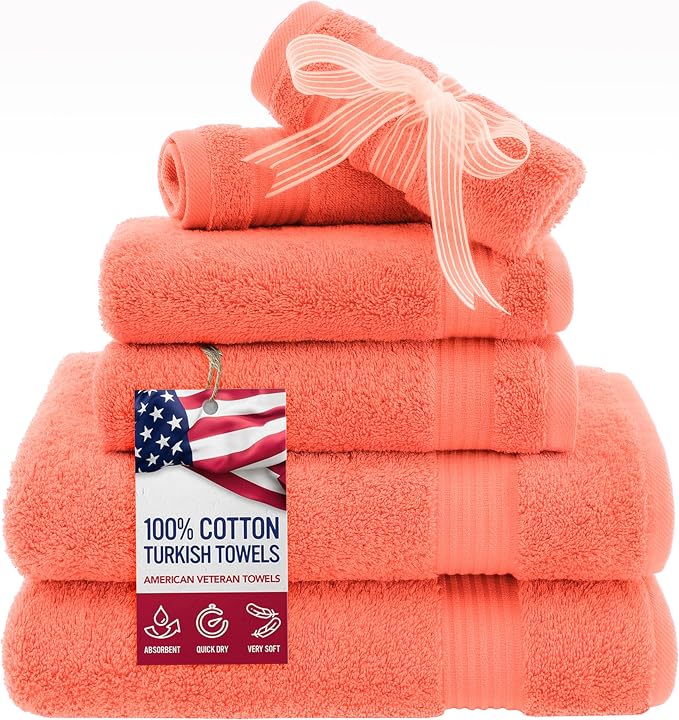 American Veteran Towel, 6 Piece Towel Set for Bathroom, 100% Cotton Turkish Bathroom Towels, 2 Bath Towels 2 Hand Towels 2 Washcloths, Coral