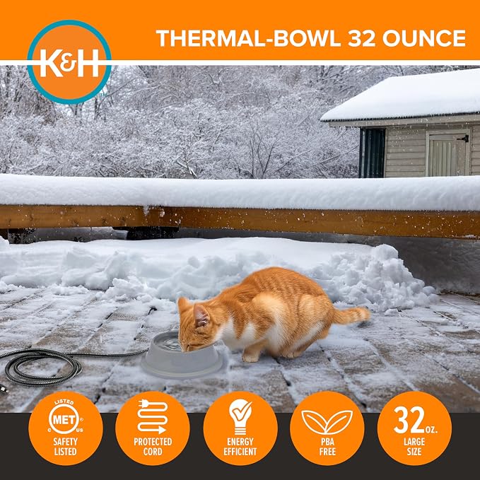 K&H Heated Water Bowl, Thermal-Bowl for Cats & Dogs, Safety Listed 12W | Outdoor Water Stays Unfrozen In Winter. Outdoor Heated Dog Dish for Pets, Automatic No Freeze, Anti Chew Cord, 32 Ounces Gray
